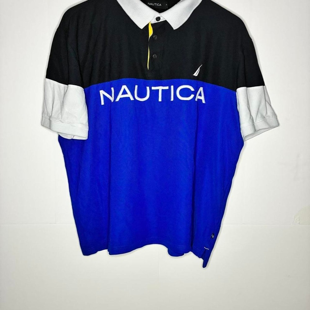 Nautica blue, black, and white color-blocked polo shirt